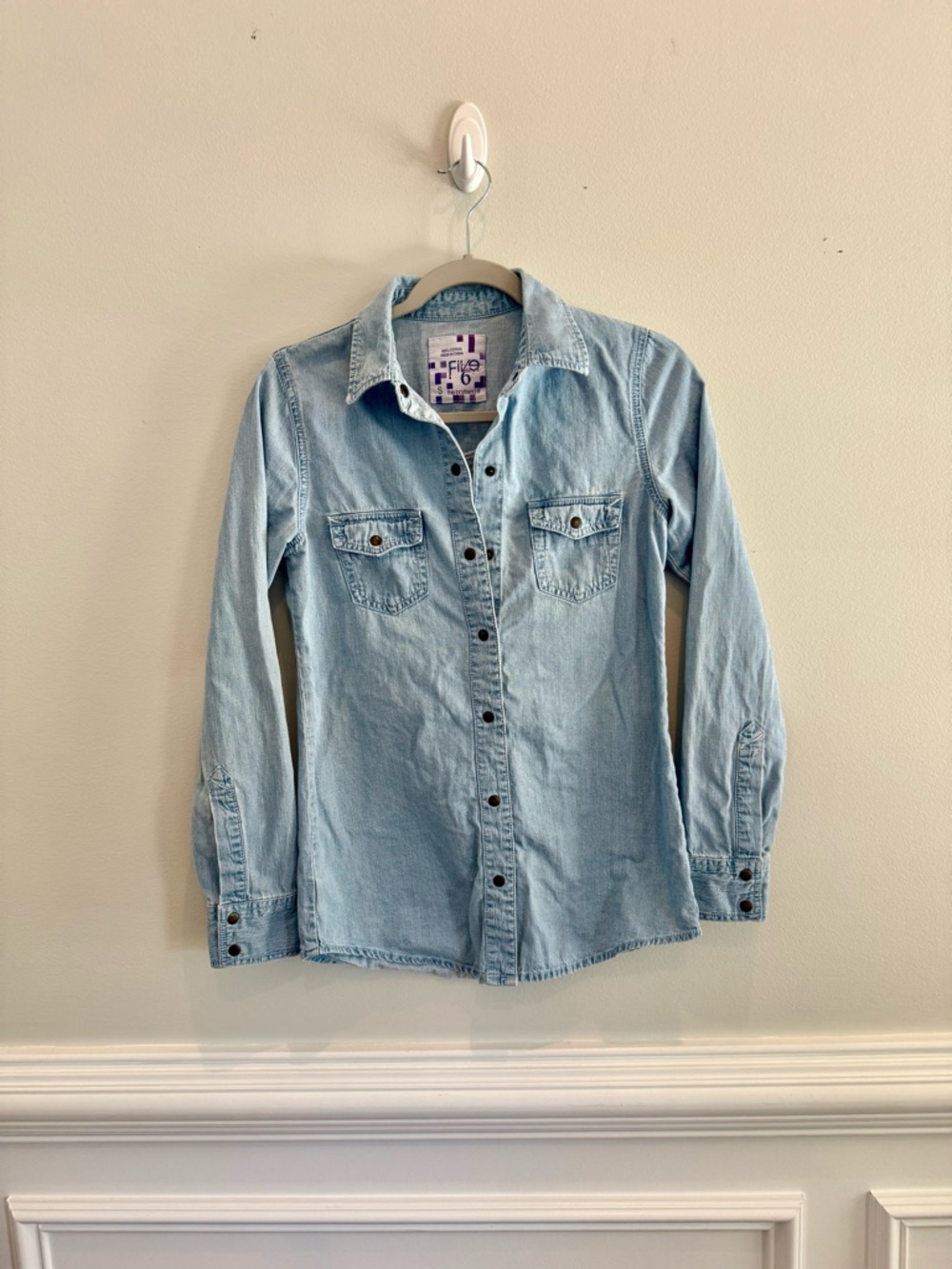 Women’s Light Wash Denim Button-Down Shirt Western Coastal Transitional Staple S